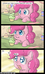 Size: 700x1151 | Tagged: safe, artist:speccysy, pinkie pie, earth pony, pony, colored pupils, comic, cupcake, cute, dialogue, diapinkes, eating, enlightenment, female, filly, foal, food, mare, solo, younger