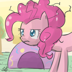 Size: 900x900 | Tagged: safe, artist:speccysy, pinkie pie, earth pony, pony, female, frown, mare, messy mane, solo, tent, tired