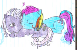 Size: 828x539 | Tagged: safe, artist:linadoon, rainbow dash, rainbow dash (g3), wysteria, earth pony, pony, g3, female, lesbian, lined paper, mare, prone, shipping, traditional art, wysteriadash