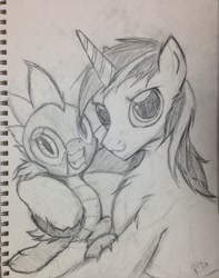 Size: 1008x1280 | Tagged: safe, artist:frist44, shining armor, spike, dragon, pony, unicorn, bromance, monochrome, sketch