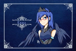 Size: 3972x2669 | Tagged: safe, artist:johnyho, princess luna, human, glasses, humanized, looking at you, smiling, solo, spread wings, winged humanization