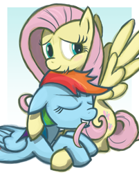 Size: 950x1180 | Tagged: safe, artist:langbard, fluttershy, rainbow dash, pegasus, pony, blushing, female, flutterdash, lesbian, mane bite, mare, neck nuzzle, nuzzling, prone, shipping