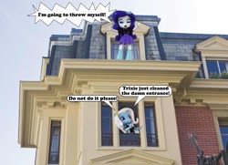 Size: 919x667 | Tagged: safe, artist:whatthehell!?, derpibooru import, edit, rarity, trixie, equestria girls, attempted suicide, boots, clothes, doll, dress, equestria girls minis, eqventures of the minis, house, shoes, skirt, toy