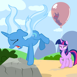 Size: 3250x3250 | Tagged: safe, artist:navitaserussirus, derpibooru import, trixie, twilight sparkle, balloon, evil grin, float, floating, pure unfiltered evil, trixiebuse, twibitch sparkle, voodoo, voodoo doll