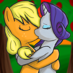 Size: 900x900 | Tagged: safe, artist:jabbie64, applejack, rarity, earth pony, pony, unicorn, eyes closed, female, kissing, lesbian, mare, rarijack, romantic, shipping