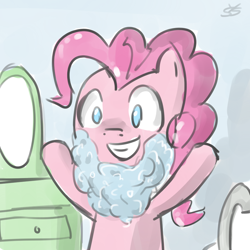 Size: 900x900 | Tagged: safe, artist:speccysy, pinkie pie, earth pony, pony, bubble, fake beard, female, happy, mare, no pupils, solo