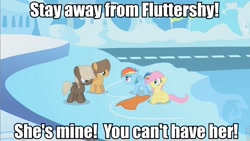 Size: 853x480 | Tagged: safe, edit, edited screencap, screencap, dumbbell, fluttershy, hoops, rainbow dash, pegasus, pony, the cutie mark chronicles, colt, female, filly, flutterdash, foal, foal romance, image macro, lesbian, male, shipping