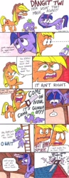 Size: 743x1920 | Tagged: safe, artist:bapplejuice, derpibooru import, applejack, spike, twilight sparkle, dragon, earth pony, pony, comic, traditional art