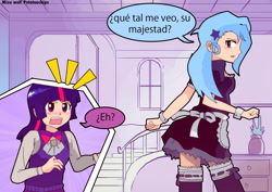 Size: 1722x1221 | Tagged: safe, artist:potatoochips, derpibooru import, trixie, twilight sparkle, human, blushing, clothes, female, humanized, lesbian, maid, shipping, spanish, translated in the comments, twixie