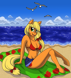 Size: 1192x1314 | Tagged: safe, artist:catsncupcakes, applejack, anthro, unguligrade anthro, applerack, beach, beach towel, belly button, bikini, breasts, cleavage, clothes, female, freckles, leg freckles, looking at you, shoulder freckles, sitting, solo, swimsuit