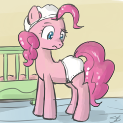 Size: 900x900 | Tagged: safe, artist:speccysy, pinkie pie, earth pony, pony, crib, diaper, diaper on head, female, frown, looking back, mare, solo