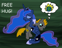 Size: 880x686 | Tagged: safe, artist:platinumdrop, princess luna, oc, oc:platinumdrop, alicorn, pony, free hug, hug