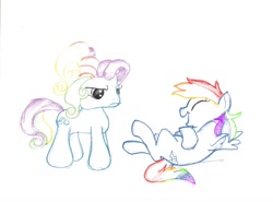 Size: 1023x756 | Tagged: safe, artist:fisher, rainbow dash, earth pony, pegasus, pony, g3.5, duo, duo female, female, laughing, mare, simple background, unamused, white background