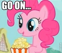 Size: 309x266 | Tagged: safe, edit, edited screencap, screencap, pinkie pie, earth pony, pony, applebuck season, female, go on, hub logo, mare, popcorn, reaction image, roflbot, solo