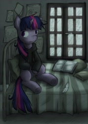 Size: 2473x3469 | Tagged: safe, artist:lonelycross, derpibooru import, twilight sparkle, pony, unicorn, bed, bedroom, book, clothes, high res, hoodie, nine inch nails, quill, sitting, solo, sweater, tired