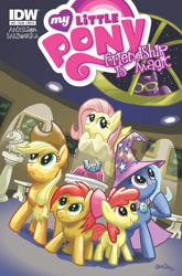 Size: 843x1280 | Tagged: safe, artist:zander cannon, derpibooru import, idw, apple bloom, applejack, babs seed, fluttershy, rough diamond, trixie, earth pony, pegasus, pony, spoiler:comic22, burglar, comic, cover, goggles, mask