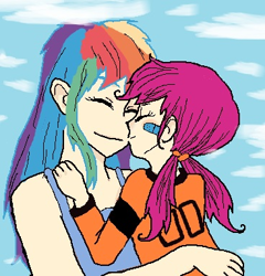 Size: 368x384 | Tagged: safe, artist:applecider1412, rainbow dash, scootaloo, human, bandaid, duo, eyes closed, female, hug, humanized, scootalove, smiling