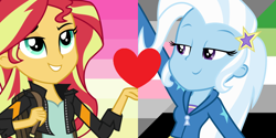 Size: 1000x500 | Tagged: safe, artist:prideponies, derpibooru import, sunset shimmer, trixie, equestria girls, aromantic, aromantic pride flag, clothes, demigirl, demigirl pride flag, female, gender headcanon, headcanon, heart, lesbian, lgbt, lgbt headcanon, nonbinary, nonbinary lesbian pride flag, pride, pride flag, pride icons, sexuality headcanon, shipping, shipping domino, stars, suntrix, vest