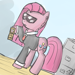 Size: 900x900 | Tagged: safe, artist:speccysy, pinkie pie, earth pony, pony, badge, clothes, female, filing cabinet, frown, mare, pinkamena diane pie, solo, suit, sunglasses