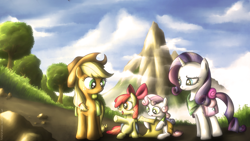 Size: 1920x1080 | Tagged: safe, artist:fongsaunder, apple bloom, applejack, rarity, sweetie belle, earth pony, pony, unicorn, bandana, female, filly, map, mare, mountain, pointing, saddle bag, scenery