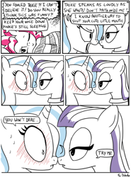 Size: 500x677 | Tagged: safe, artist:foudubulbe, derpibooru import, maud pie, pinkie pie, trixie, earth pony, pony, comic:damp rocks, bedroom eyes, blushing, boop, c:, comic, eye contact, female, imminent kissing, lesbian, mauxie, nervous, noseboop, open mouth, shipping, smiling, sweat, wide eyes, wink