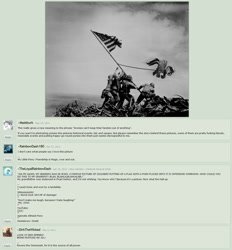 Size: 1242x1341 | Tagged: safe, rainbow dash, human, pegasus, pony, deviantart, female, flag, irl, iwo jima, mare, monochrome, photo, soldier, text, world war ii