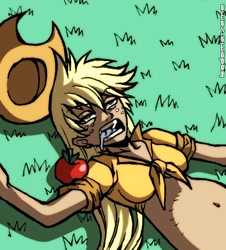 Size: 724x800 | Tagged: safe, artist:kodama-sama, applejack, human, .mov, apple.mov, female, front knot midriff, humanized, lidded eyes, midriff, on back, open mouth, solo