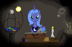 Size: 2012x1323 | Tagged: safe, artist:ledaverix, princess luna, alicorn, pony, abacus, adventure time, candle, enchiridion, s1 luna, scroll, skeleton, solo