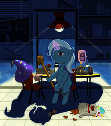 Size: 2500x2836 | Tagged: safe, artist:crabs_of_steam, derpibooru import, trixie, alcohol, beer, cape, chair, chips, clothes, drawthread, food, hat, looking at you, magic, scepter, sitting, table, telekinesis, trixie's cape, trixie's hat, twilight scepter