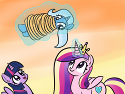 Size: 1967x1482 | Tagged: safe, artist:artiks, derpibooru import, princess cadance, trixie, twilight sparkle, twilight sparkle (alicorn), alicorn, pony, unicorn, abuse, bondage, bonding, female, levitation, magic, magic abuse, pun, rope, telekinesis, tied up, trio, trio female, trixiebuse, visual pun