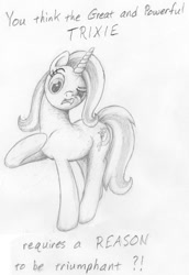 Size: 550x800 | Tagged: safe, artist:shachza, derpibooru import, trixie, pony, unicorn, female, mare, monochrome, sketch, solo, traditional art