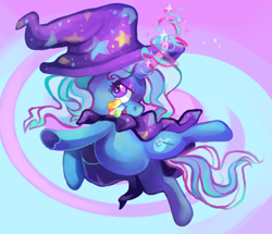 Size: 800x688 | Tagged: safe, artist:blynxee, derpibooru import, trixie, pony, unicorn, magic, magic wand, mouth hold, solo, underhoof