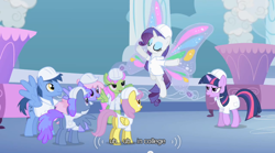 Size: 640x355 | Tagged: safe, derpibooru import, screencap, blueberry punch, blues, merry may, noteworthy, parasol, peppermint crunch, rainbowshine, rarity, twilight sparkle, pony, unicorn, sonic rainboom (episode), artificial wings, augmented, magic, magic wings, wings, youtube caption