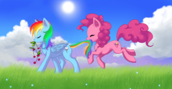 Size: 3660x1900 | Tagged: safe, artist:jacky-bunny, pinkie pie, rainbow dash, earth pony, pegasus, pony, cherry, cloud, cloudy, cute, eyes closed, female, grass, happy, lesbian, mare, mouth hold, outdoors, pinkiedash, shipping, sun, tail bite, walking, wallpaper