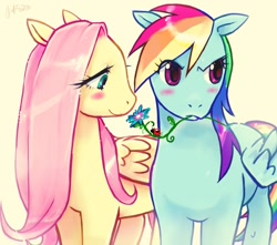 Size: 890x788 | Tagged: safe, artist:suckmyshizuo, fluttershy, rainbow dash, ladybug, pegasus, pony, blushing, female, flower, flower in mouth, flutterdash, lesbian, mare, mouth hold, shipping