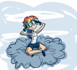 Size: 880x800 | Tagged: dead source, safe, artist:tess, rainbow dash, human, armpits, clothes, cloud, compression shorts, female, fingerless gloves, gloves, goggles, humanized, sitting, skinny, smiling, solo