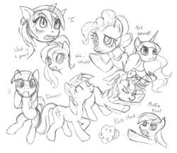 Size: 540x469 | Tagged: safe, artist:nauth, derpy hooves, pinkie pie, princess luna, twilight sparkle, alicorn, pony, doodle, monochrome, party hard, ponies, sketch, warm-up