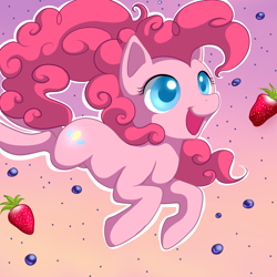 Size: 2222x2222 | Tagged: safe, artist:jacky-bunny, pinkie pie, earth pony, pony, abstract background, blueberry, colored pupils, female, food, happy, high res, jumping, mare, outline, solo, strawberry