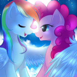 Size: 2222x2222 | Tagged: safe, artist:jacky-bunny, pinkie pie, rainbow dash, earth pony, pegasus, pony, backlighting, female, high res, hug, lesbian, mare, moon, night, pinkiedash, shipping, winghug