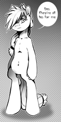 Size: 322x642 | Tagged: dead source, safe, artist:cupcakesmanga, applejack, earth pony, pony, semi-anthro, abstract background, female, hair over one eye, monochrome, solo