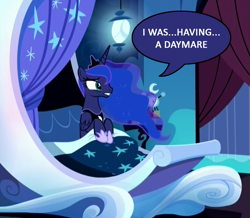 Size: 731x636 | Tagged: safe, edit, edited screencap, screencap, princess luna, alicorn, pony, do princesses dream of magic sheep, bedroom, dialogue, dracula: dead and loving it, image macro, meme, parody, reference, solo