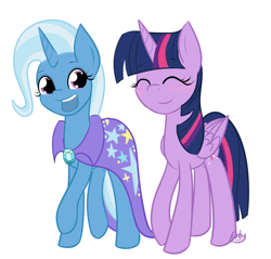 Size: 944x901 | Tagged: safe, artist:lilliesinthegarden, derpibooru import, trixie, twilight sparkle, twilight sparkle (alicorn), alicorn, pony, blushing, female, happy, lesbian, mare, shipping, twixie