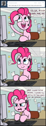 Size: 660x1770 | Tagged: safe, artist:flavinbagel, pinkie pie, earth pony, pony, ask gamer ponies, computer, female, headset, mare, meme origin, office, office pinkie, sitting, solo