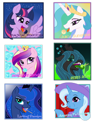 Size: 5483x7000 | Tagged: safe, artist:ambassad0r, artist:kp-shadowsquirrel, derpibooru import, princess cadance, princess celestia, princess luna, queen chrysalis, trixie, twilight sparkle, twilight sparkle (alicorn), alicorn, changeling, changeling queen, pony, absurd resolution, female, lollipop, mare, vector