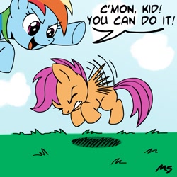 Size: 945x945 | Tagged: safe, artist:megasweet, rainbow dash, scootaloo, pegasus, pony, duo, duo female, encouragement, female, filly, flying, flying lesson, gritted teeth, mare, scootaloo can fly, scootaloo can't fly
