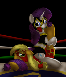 Size: 1260x1470 | Tagged: safe, artist:kloudmutt, applejack, rarity, earth pony, pony, unicorn, female, flower, flower in mouth, lesbian, luchador, mare, mask, mouth hold, rarijack, rose, shipping, wrestling