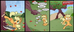 Size: 1500x656 | Tagged: safe, artist:madmax, applejack, earth pony, pony, apple, apple tree, applebucking, chase, comic, cowboy hat, dialogue, ent, female, food, hat, kicking, living object, mare, pointing, running, scared, stetson, tree