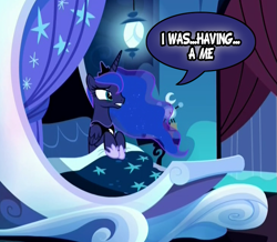 Size: 731x636 | Tagged: safe, edit, edited screencap, screencap, princess luna, alicorn, pony, do princesses dream of magic sheep, bedroom, dialogue, dracula: dead and loving it, image macro, meme, parody, reference, solo