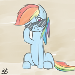 Size: 900x900 | Tagged: safe, artist:speccysy, rainbow dash, pegasus, pony, abstract background, female, looking at you, mare, sitting, solo, sunglasses