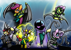 Size: 1754x1240 | Tagged: safe, artist:rambopvp, derpibooru import, apple bloom, diamond tiara, scootaloo, spike, sweetie belle, trixie, dragon, rhinoceros, crossover, cutie mark crusaders, doctor octopus, electro, green goblin, mysterio, sinister six, spider-man, supervillain, vulture